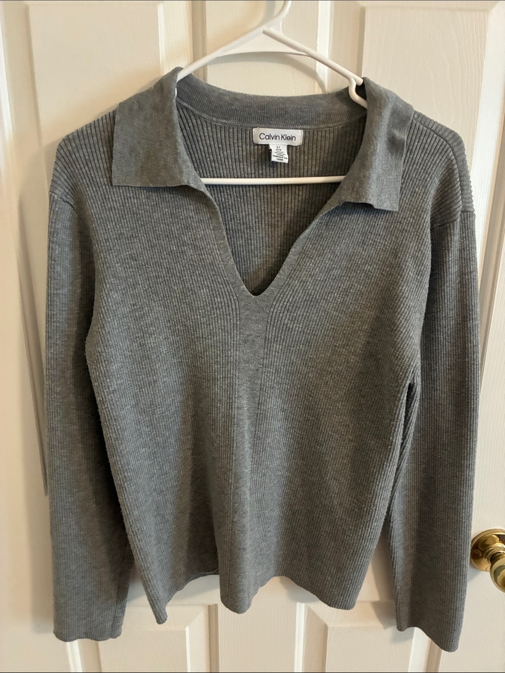 Calvin Klein Grey Ribbed V-Neck Polo Collar Sweater